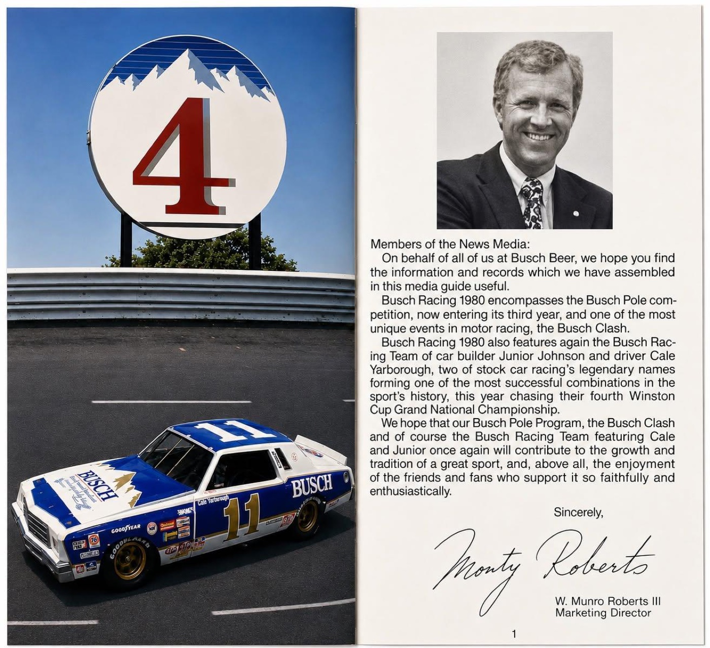 Busch Racing 1980 media guide spread with the Busch pole-award sign, Cale Yarborough's number 11 Busch car and a signed letter from Monty Roberts, W. Munro Roberts III, Marketing Director