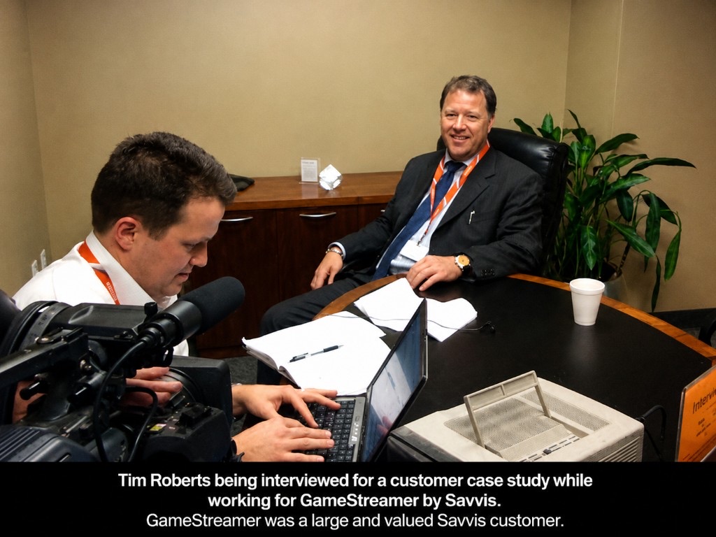 Tim Roberts being interviewed on camera for a Savvis customer case study while working for GameStreamer