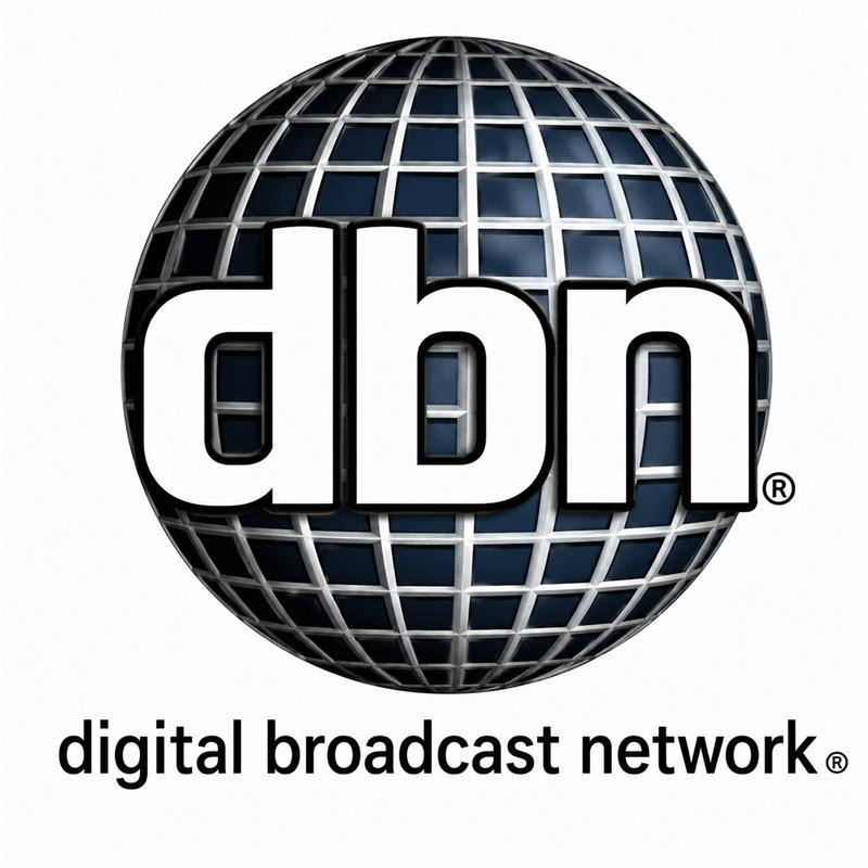 Digital Broadcast Network logo: metallic wire-globe with lowercase dbn and digital broadcast network wordmark