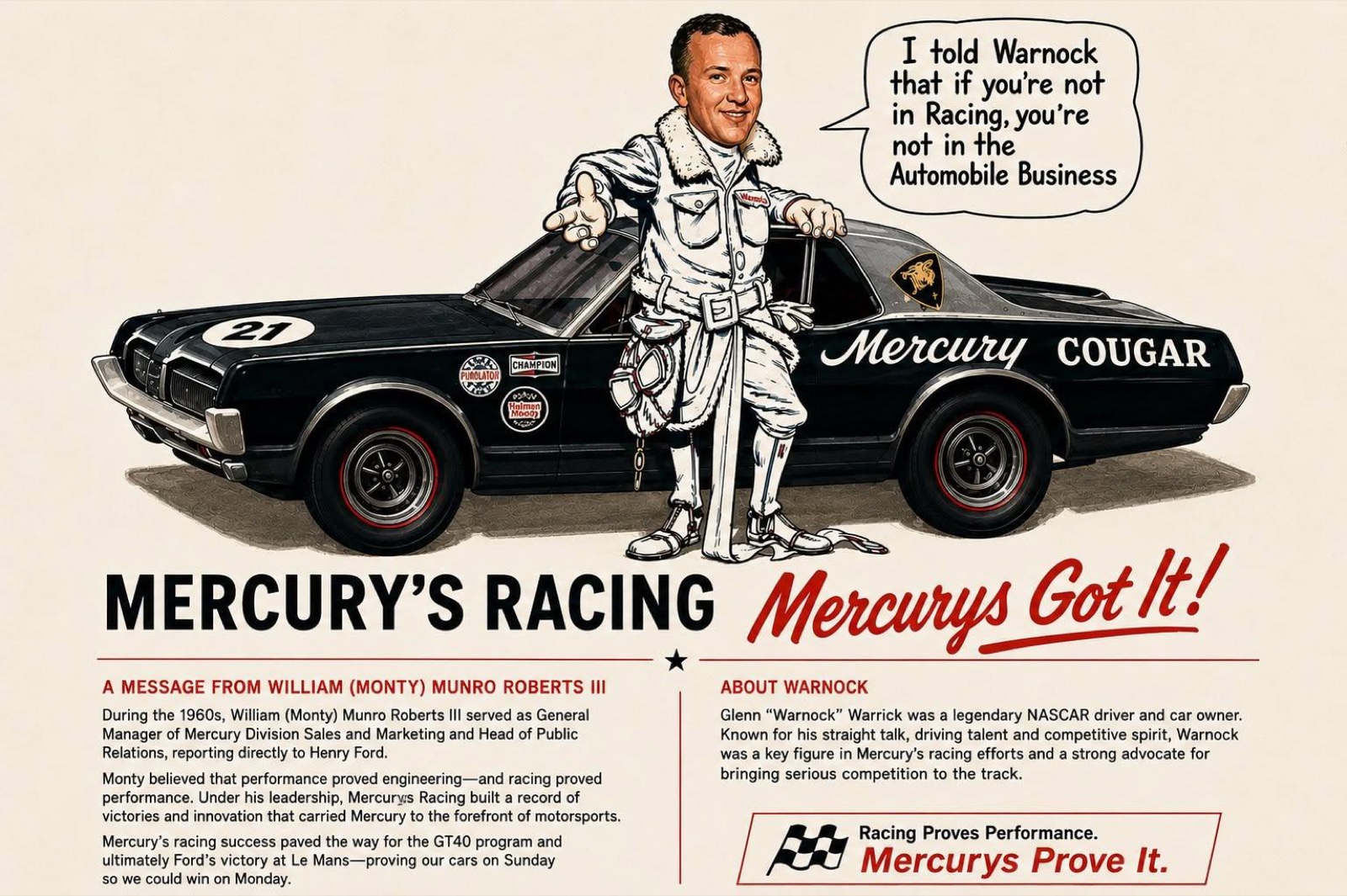 Illustrated Mercury Cougar racing advertisement titled 'Mercury's Racing — Mercurys Got It!' featuring a message from William (Monty) Munro Roberts III