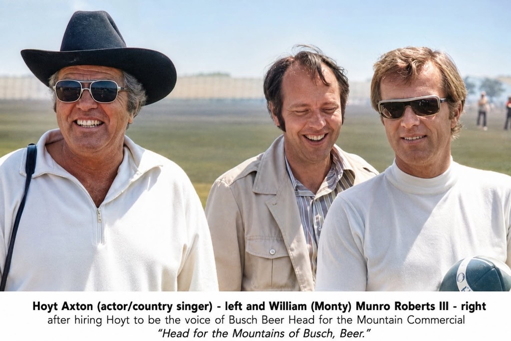 Hoyt Axton and William (Monty) Munro Roberts III standing together at a racetrack