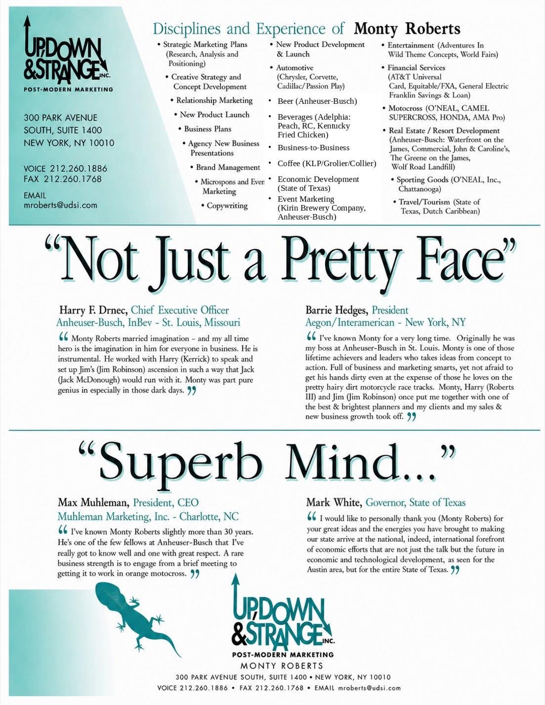 Up, Down & Strange marketing sheet listing the disciplines and experience of Monty Roberts, with testimonial quotes headlined 'Not Just a Pretty Face' and 'Superb Mind…'