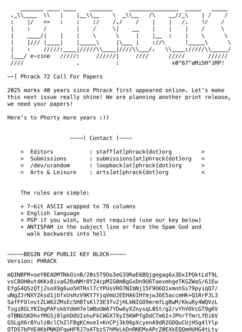 Phrack e-zine ASCII art masthead above the Phrack 72 call for papers, noting that 2025 marks 40 years since Phrack first appeared online