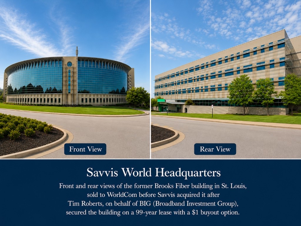 Front and rear views of the former Brooks Fiber building that became Savvis World Headquarters after BIG secured the lease
