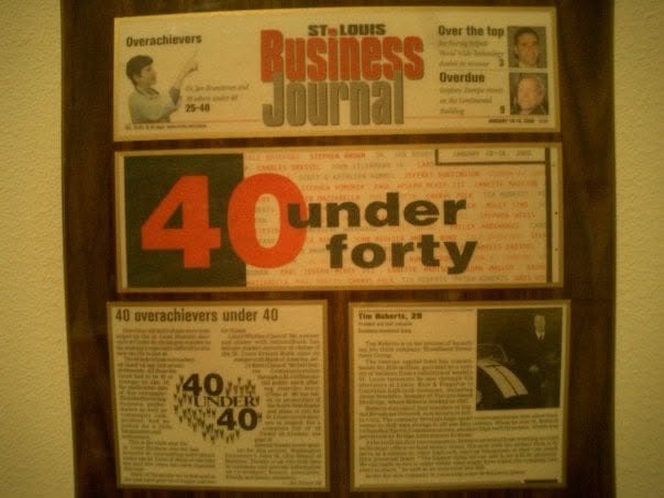 St. Louis Business Journal '40 under forty' framed clipping (January 2000) listing Tim Roberts, 29, among 40 overachievers under 40